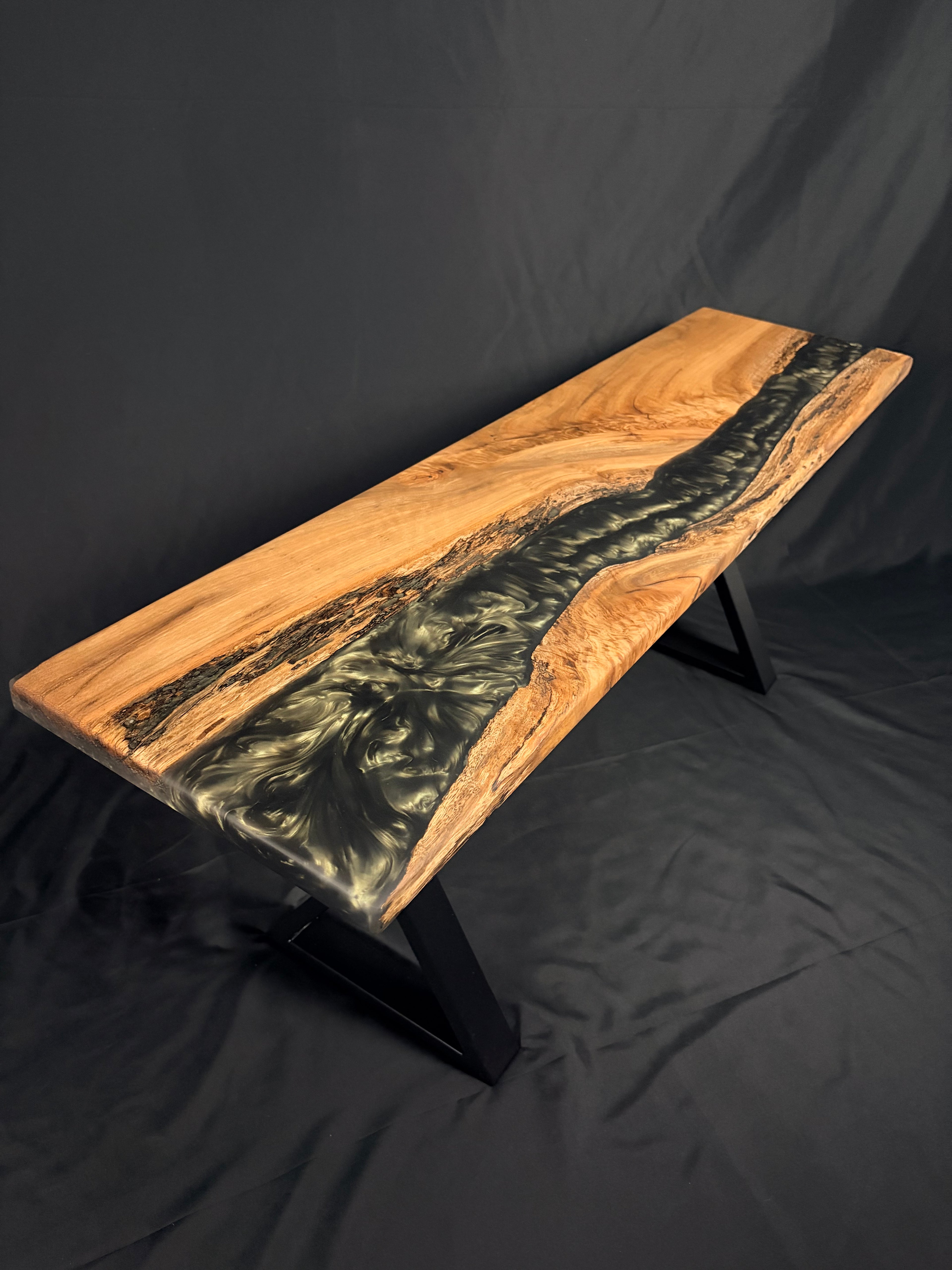 Olive Green Entryway Bench — Australian Blackbutt Timber & Resin
